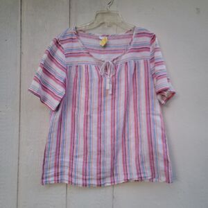 Lands End Multicolor Striped 100% Linen Short Sleeve Tie Neck Wmns Sz 14
